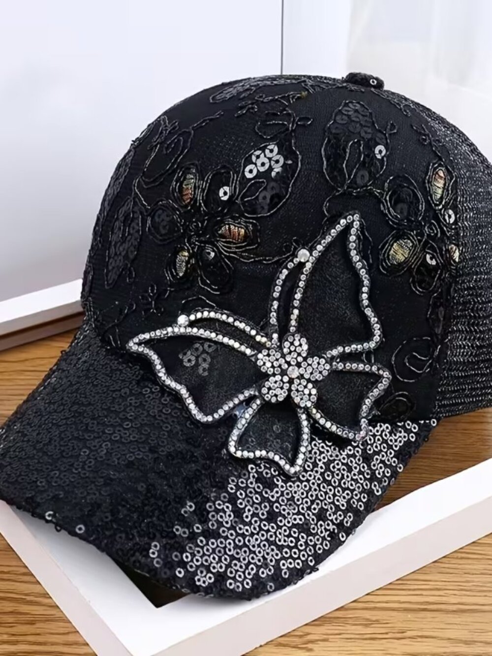 NEW Women's Adjustable Duckbill Baseball Cap w/Lge Butterfly Sequin Decoration